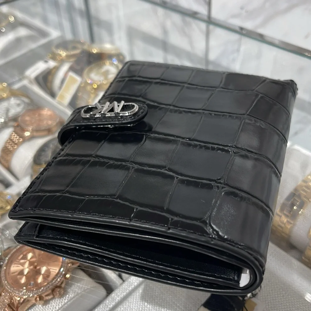 Michael Kors Empire Metallic Crocodile Embossed Leather Passport Wallet Black